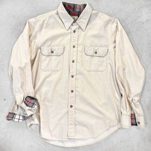 Vintage Eastern Moutain Sport Cream Corduroy Mens Shirt with plaid detail Medium